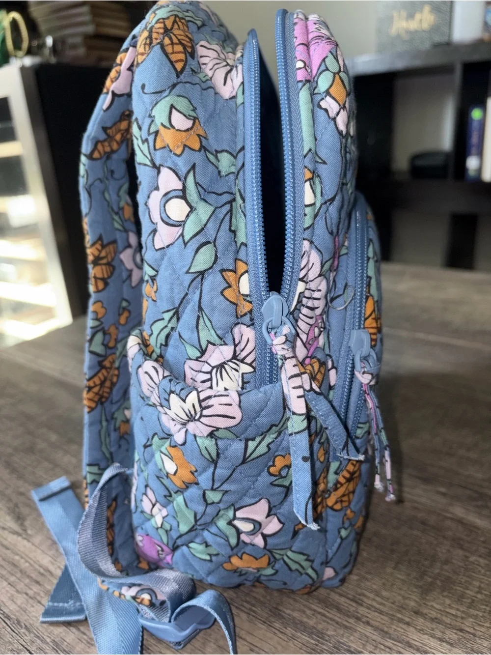 Vera Bradley Quilted Kids Backpack in Blue with Pink and Orange Accents
